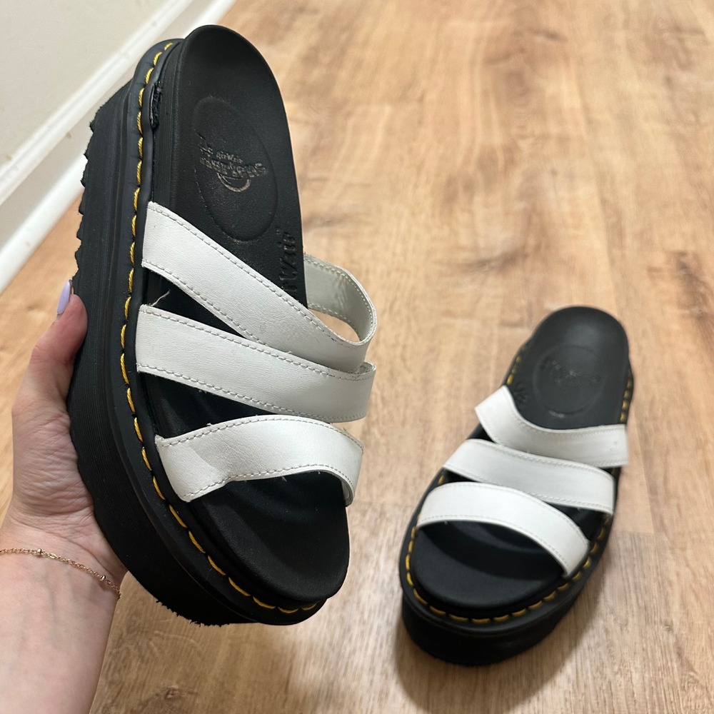 Dr. Martens | Woman's Blaire White Black Leather Platform Slide Sandals, Size 10